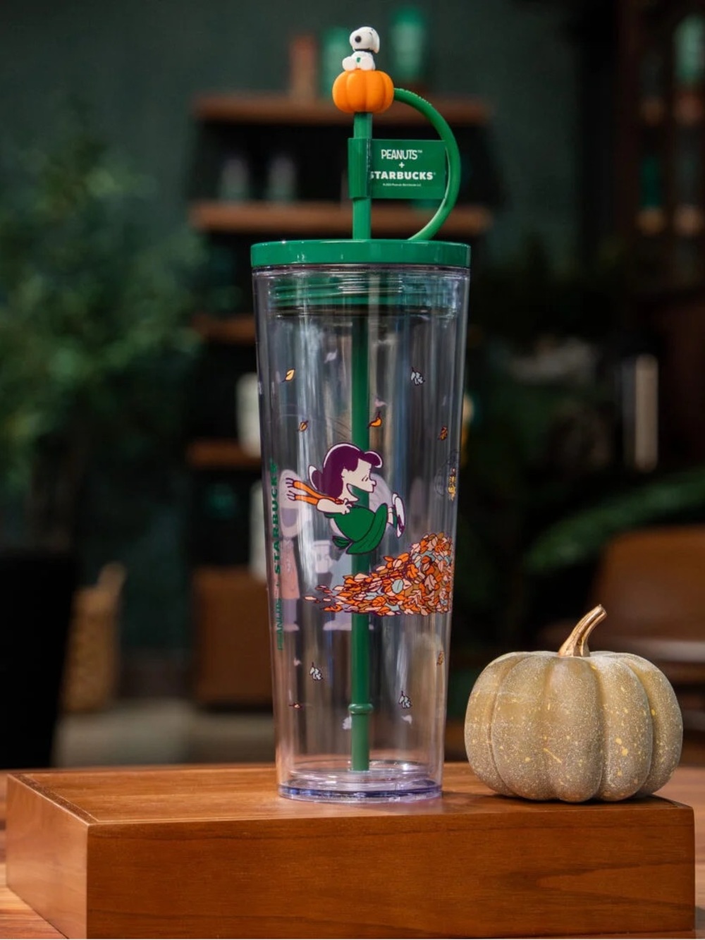 Starbucks Green Peanuts Fall Leaf Tumbler with Pumpkin Topper